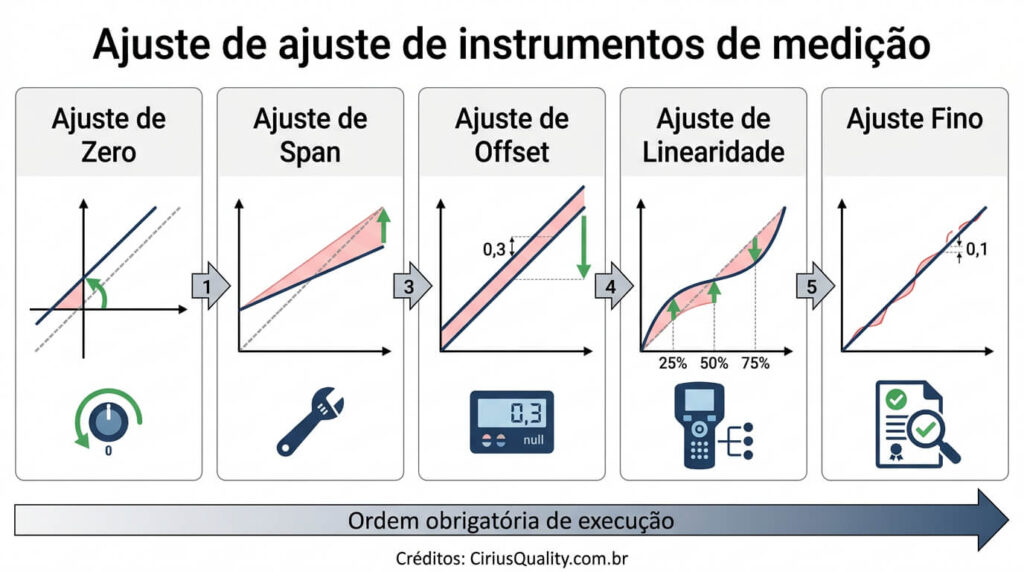 Cinco tipos de ajuste de instrumento de medição zero, span, offset, linearidade e ajuste fino com gráficos comparativos