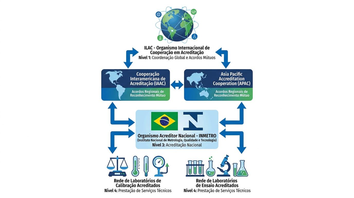 Hierarquia do sistema de acreditação da CGCRE INMETRO e reconhecimento internacional ILAC