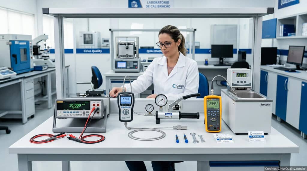 Instrumentos de medição em bancada de calibração prontos para ajuste