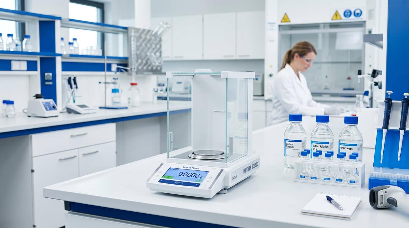 Ajuste de zero em balança analítica de laboratório durante calibração