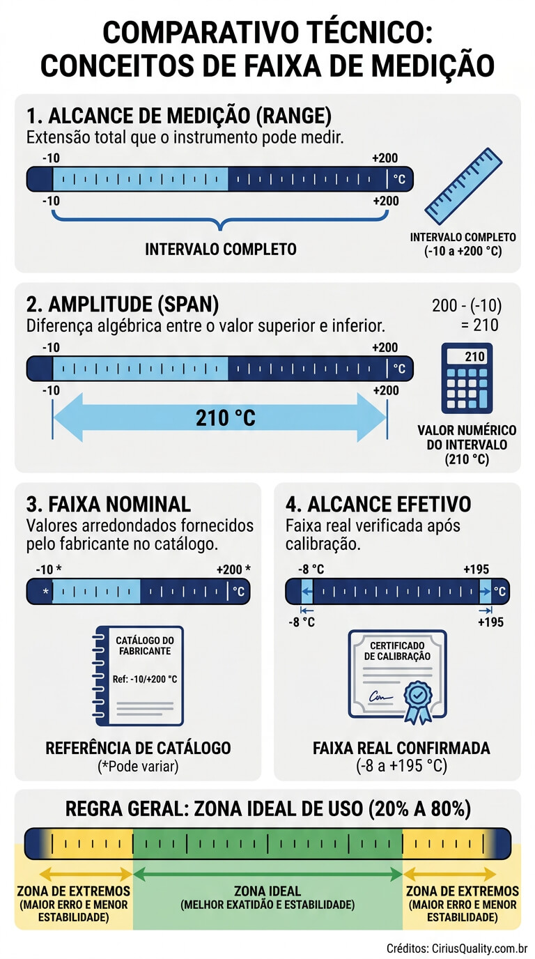 Diferença entre alcance de medição, amplitude span, faixa nominal e alcance efetivo com regra dos 20 a 80 por cento