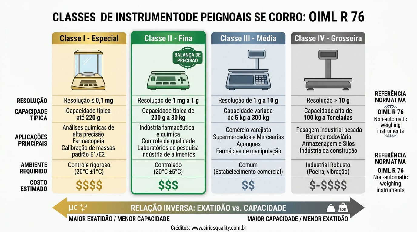 Quatro classes de balanças OIML R 76: Classe I Especial, Classe II Fina, Classe III Média e Classe IV Grosseira