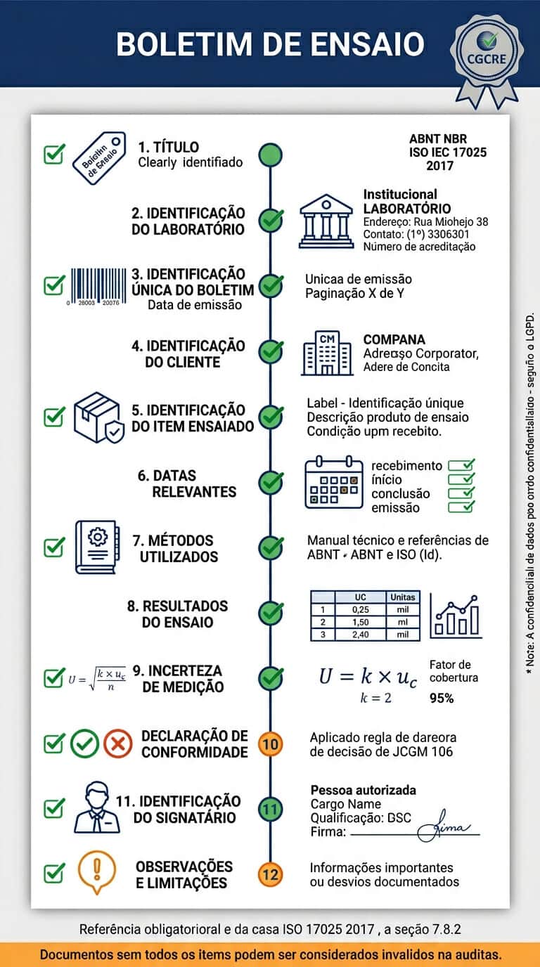 Doze itens obrigatórios do conteúdo do boletim de ensaio conforme ABNT NBR ISO IEC 17025 2017