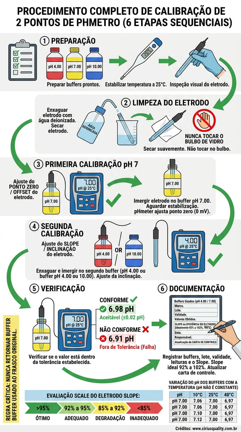 Procedimento completo de calibração de 2 pontos de pHmetro com buffers em 6 etapas