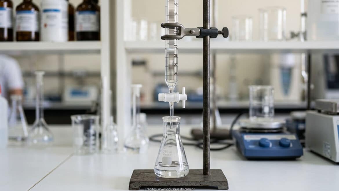 Bureta calibrada de vidro graduada com torneira para análises volumétricas em laboratório