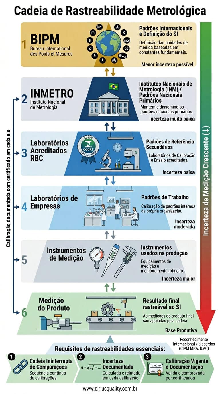 Cadeia de rastreabilidade em pirâmide de seis níveis do BIPM ao produto com incerteza crescente