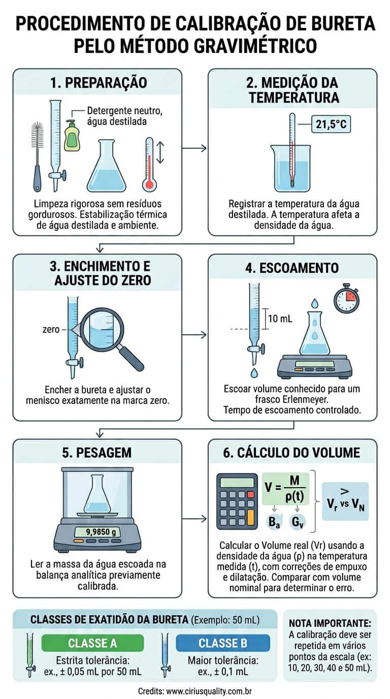 Procedimento de calibração gravimétrica de bureta em 6 etapas com classes de exatidão A e B