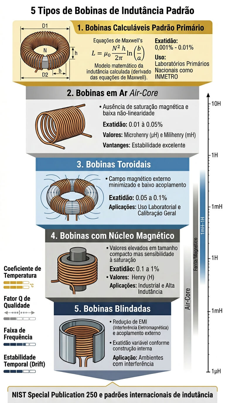 Cinco tipos de bobina padrão: calculáveis, em ar, toroidais, com núcleo magnético e blindadas