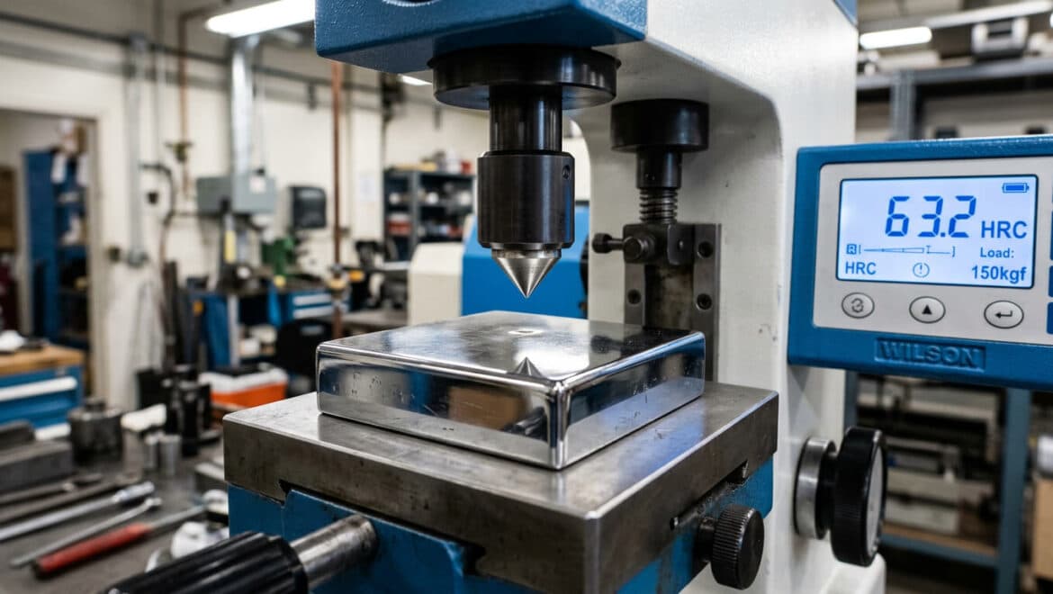 Bloco de teste de dureza Rockwell sobre durômetro com penetrador de diamante para calibração