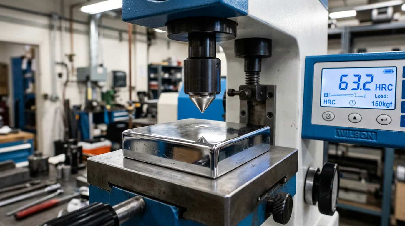 Bloco de teste de dureza Rockwell sobre durômetro com penetrador de diamante para calibração